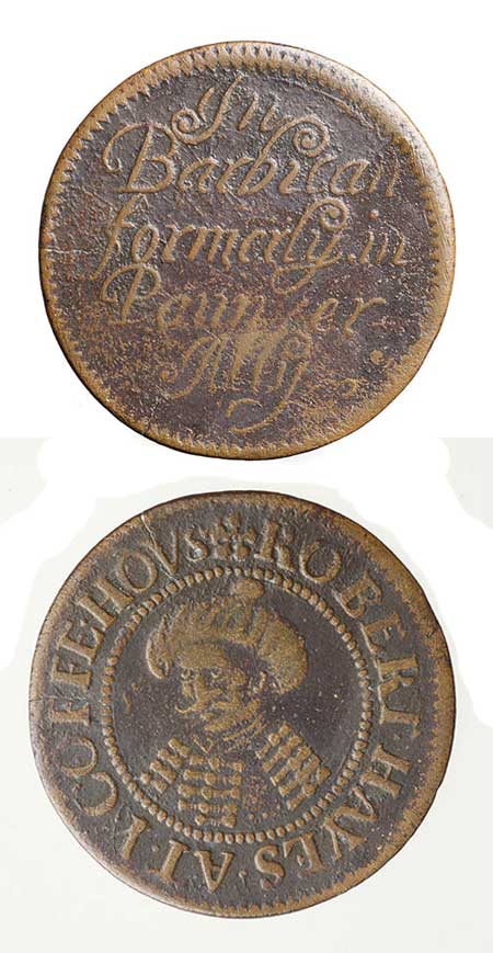 Trade tokens were used as small change at a time when there were few low denomination coins, which made it difficult to make small purchases. They were issued by businesses like pubs and coffee houses. Trade tokens can be used to trace the movement of businesses after the Great Fire of London as their inscriptions include the names of the owners and from where they operated. This token was issued by Robert Hayes who owned a coffee house called the Turk's Head in the Barbican area. He seems to have moved his business here from Pannier Alley (near St Paul's Cathedral), which was destroyed in the fire (see his Pannier Alley token 96.66/880). 