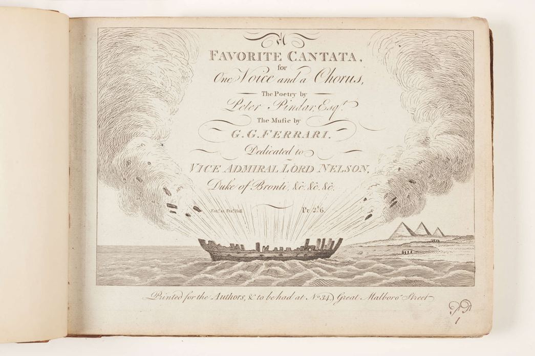 A songbook once owned by Lady Hamilton which has a cantata composed by Italian musician G.G. Ferrari, dedicated to Lord Nelson.