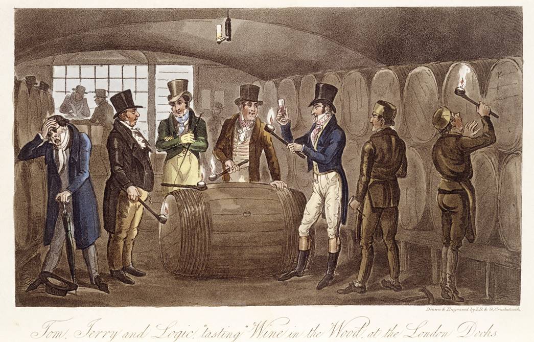 Tom Jerry and Logic tasting Wine from the Wood at the London docks. An illustration by George Cruikshank from 'Life in London: or, the day and night scenes of Jerry Hawthorn, Esq., and his elegant friend Corinthian Tom, accompanied by Bob Logic, the Oxonian, in their rambles and sprees through the Metropolis'. (ID no.: 001759)