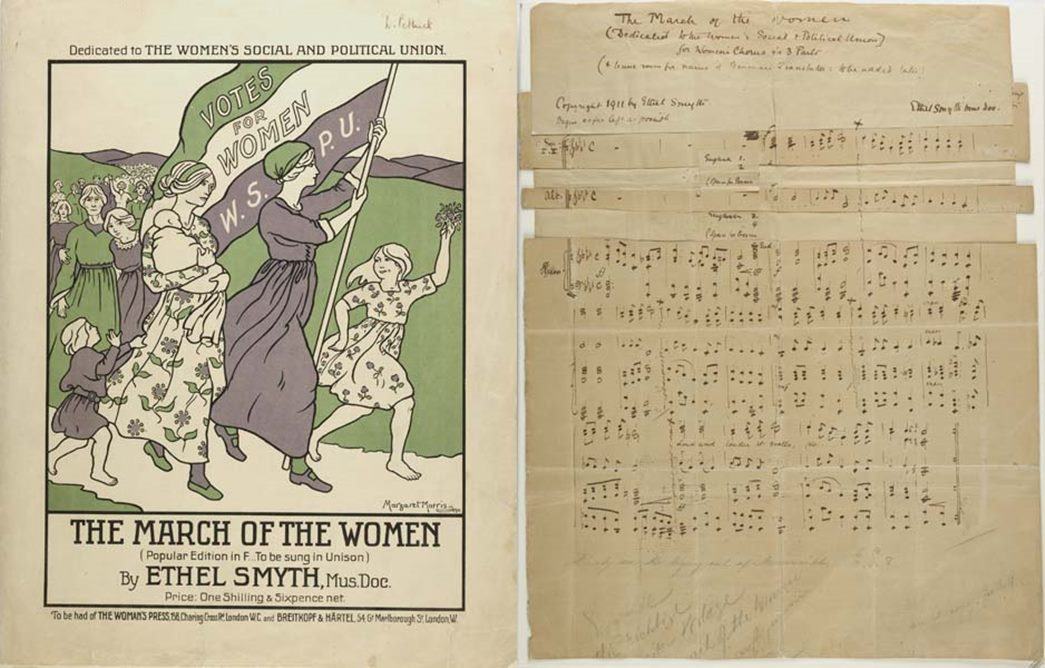‘The March of the Women’
Music score composed by Ethel Smyth with words by Cicely Hamilton. ‘March of the Women’ was played for the first time in public on 21 January 1911 at a social event at Suffolk Street Galleries to welcome those imprisoned after Black Friday. (ID nos.: 50.82/768a; Z6234a)
