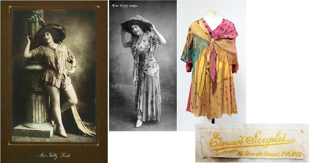(from left) Kitty Lord, probably in a costume made by Parisian costumier Edouard Souplet, and in a dress of a similar fabric. A tunic and scarf by Souplet in the collection. (ID nos: 71.142/12b; 2002.62/7; 71.142/5a)