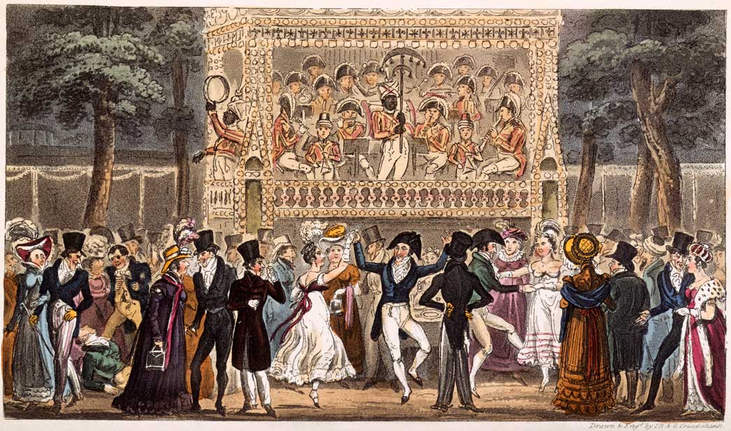Life in London: or, the day and night scenes of Jerry Hawthorn, Esq., and his elegant friend Corinthian Tom, accompanied by Bob Logic, the Oxonian, in their rambles and sprees through the Metropolis. Embellished with 36 scenes from real life, designed and etched by I.R. and G. Cruikshank. View of a ball at the Vauxhall Gardens.
