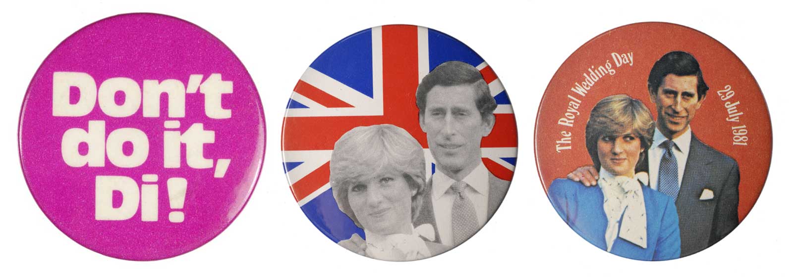 Three badges commemorating the marriage of Prince Charles to Lady Diana Spencer.