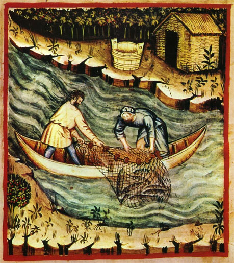 Medieval manuscript image of fishing.