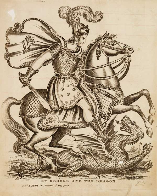 An engraving representing St George on horseback and the Dragon. 