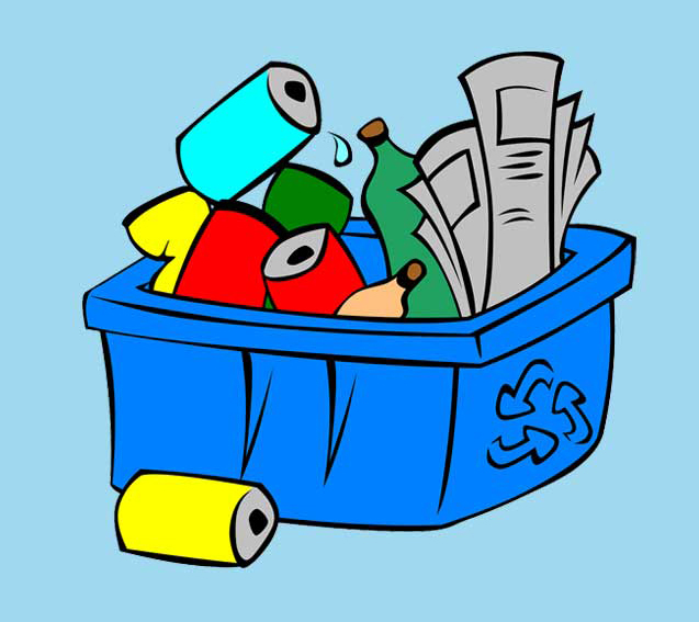 An illustration of a box of recycling including cans, bottles and a newspaper against a blue background.