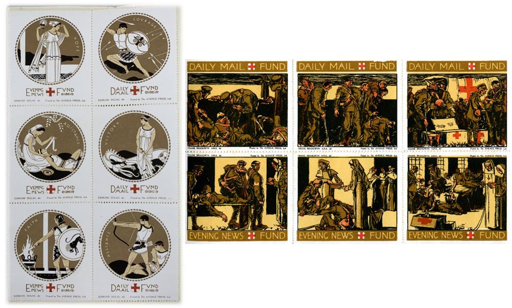 ‘Art stamps’ issued by Daily Mail and Evening News

Two sets of six art stamps — the left set designed by Edmund Dulac and the right one by Frank Brangwyn — to raise funds for the Children's Red Cross Fund. (ID no.: 27.20/34, and Courtesy British Red Cross)
