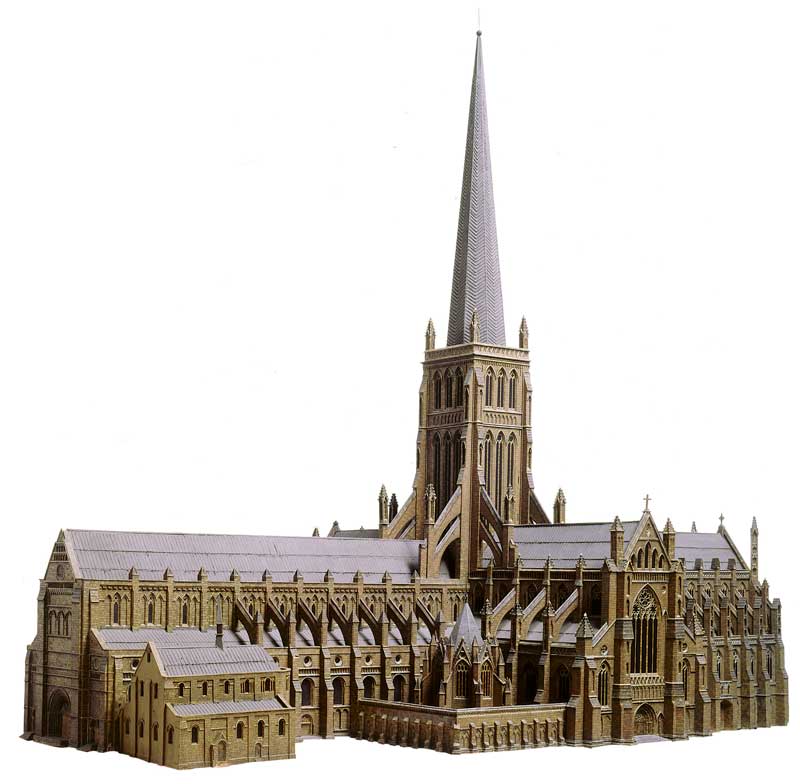 This large model of the medieval St Paul’s Cathedral is one of the series of models of historic London buildings made in the early 1900s.