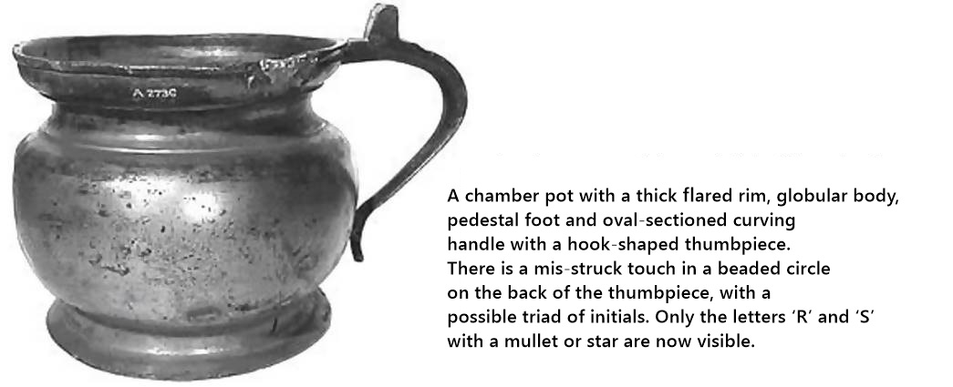A pewter chamber pot. Maker unidentified. Found in Deptford Creek. (ID no.: A2736)