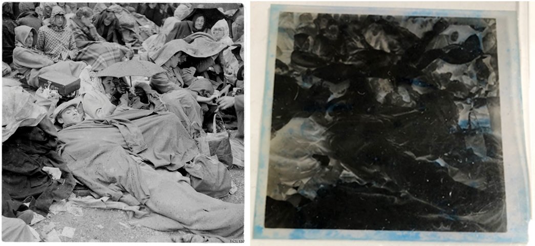 The photo of people waiting for the coronation procession in 1953, and its negative alongside it. (ID no.: IN38139) 