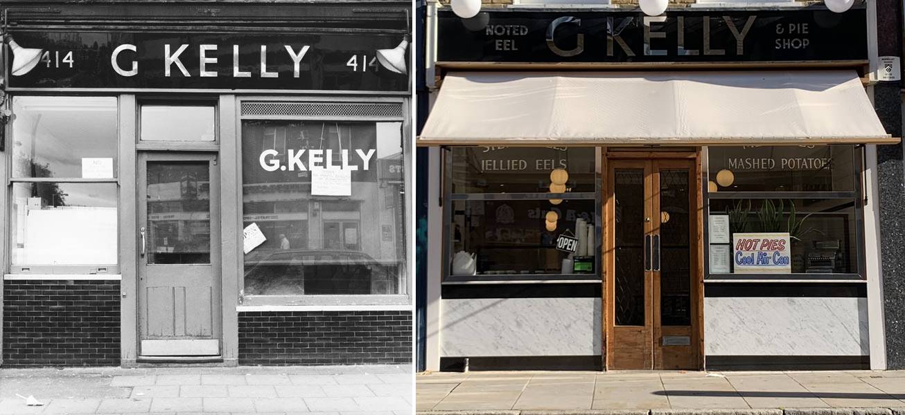 ‘Joy, shelter and sustenance’
(left) G Kelly’s Bethnal Green shop from 1991, now closed (©Chris Clunn), and (right) a refurbished G Kelly on Roman Road, 2023.
