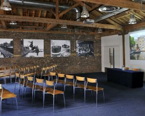 The Quayside Room ready for a conference, as part of the venue hire offer at Museum of London Docklands